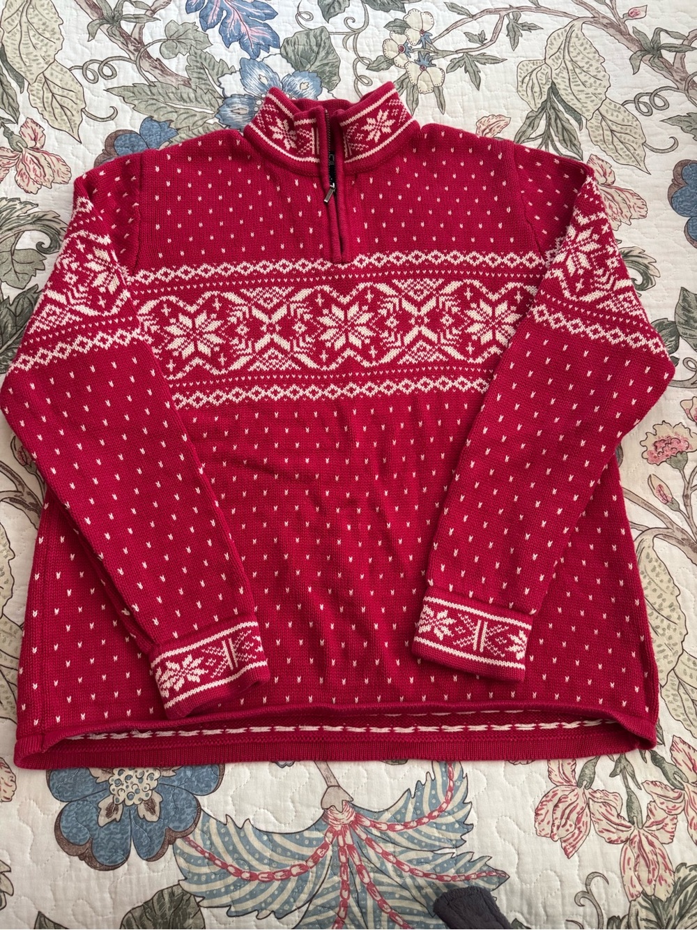 Vintage Lands End Red Nordic Half-Zip Sweater with Snowflake Patter